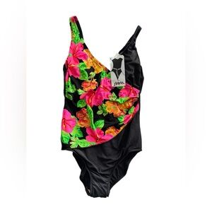 👙✨ Vintage Sirena One Piece Swimsuit Black Floral NWT Size 14 ✨🌺‎